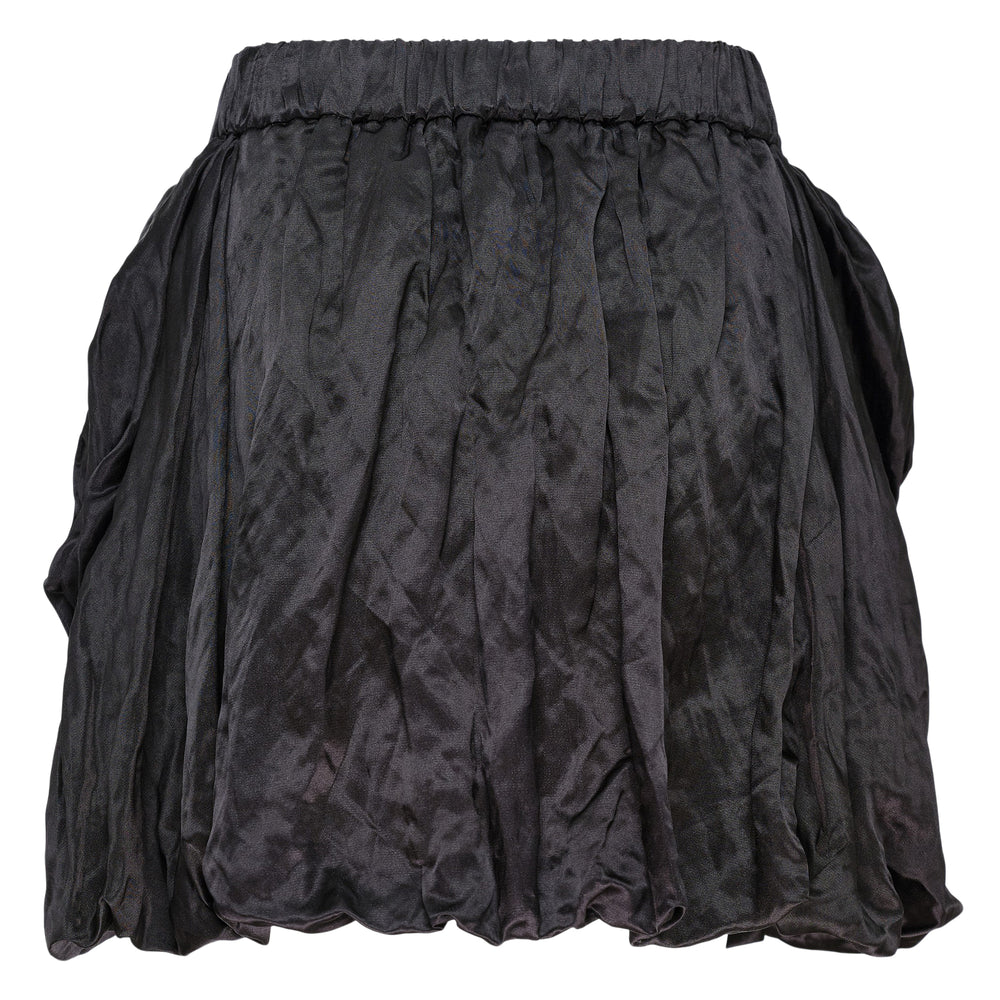Renli Su Gathered Mini Skirt in black lustrous fabric with voluminous draped folds and a structured waistband, displayed flat against a white background