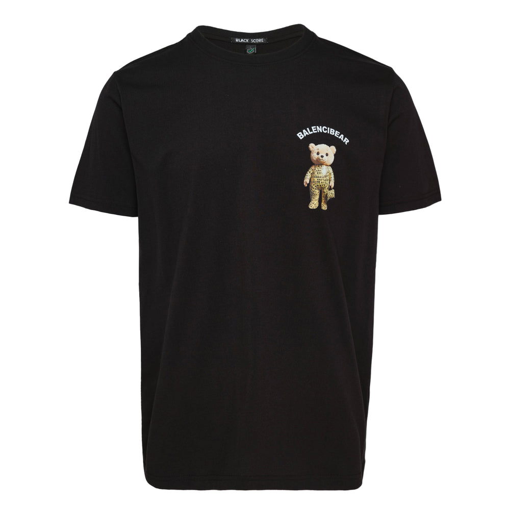 Black Score Balencibear graphic tee in black, featuring a monogram-print teddy bear motif with arched text on the chest, unisex crew neck short sleeve style
