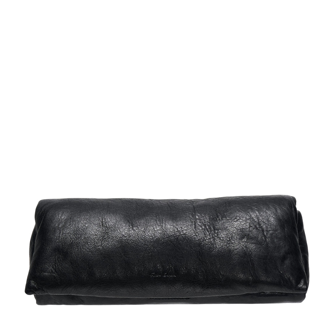 Rick Owens black tumbled lambskin leather clutch with a distressed crinkled surface and elongated pillow silhouette, shown against a white background
