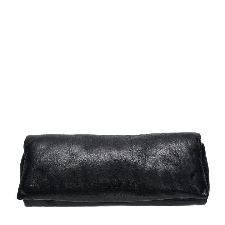 Rick Owens black tumbled lambskin leather clutch with a distressed crinkled surface and elongated pillow silhouette, shown against a white background