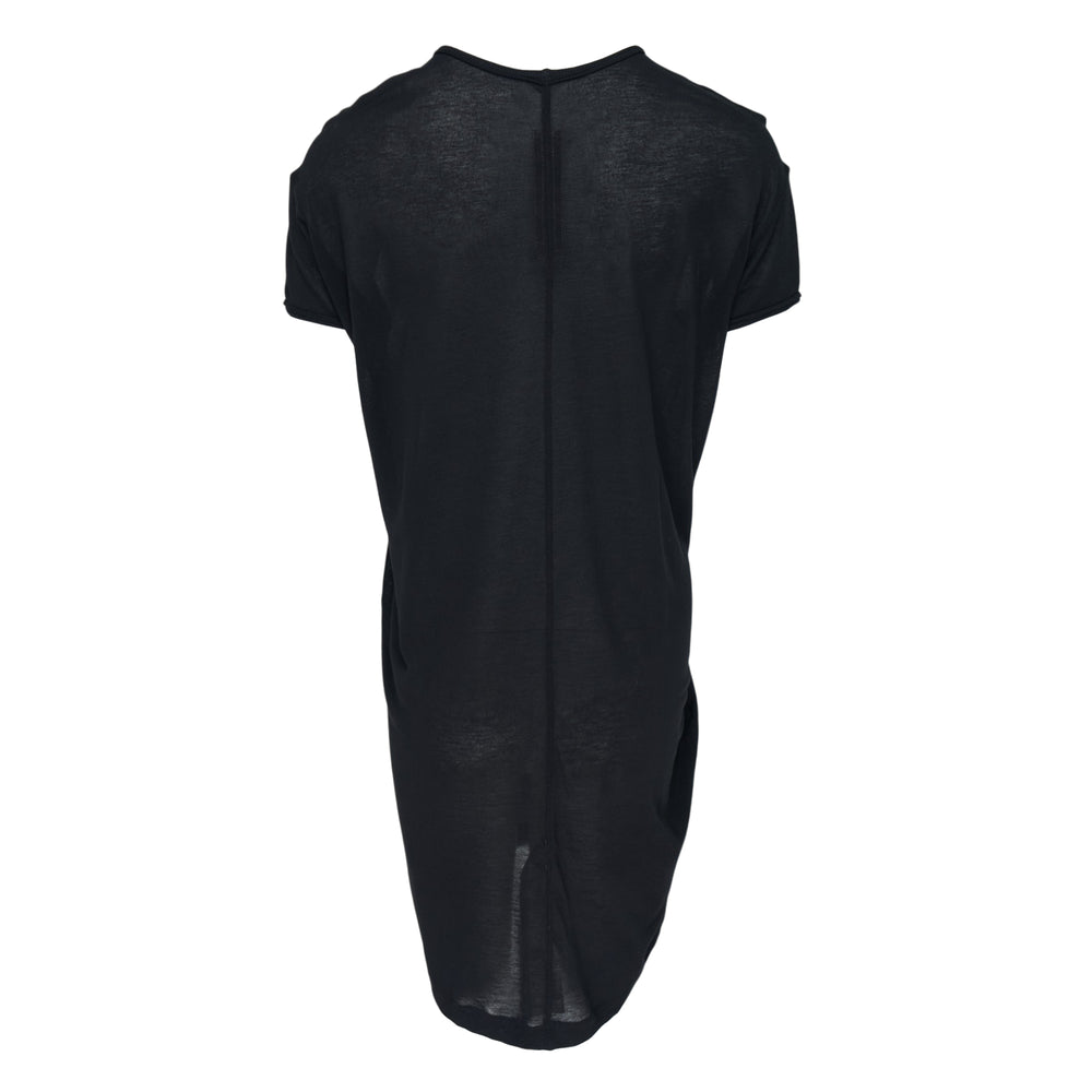 Rick Owens Hiked T-shirt dress in black viscose silk jersey with scoop neckline, short cap sleeves, and a draped twisted gather at the hem, displayed on a white background