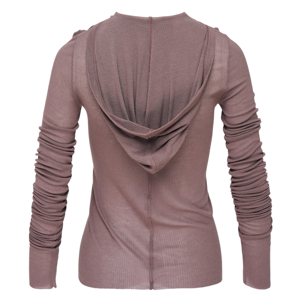 Rick Owens Cropped Hooded Long Sleeve Tee in dusty mauve ribbed viscose, shown flat with draped hood and ruched elongated sleeves