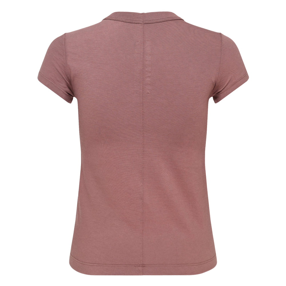 Rick Owens Cropped Level Classic Cotton Tee in dusty rose, featuring a raised mock neck, cap sleeves, and a fitted cropped silhouette with topstitched seam detailing - view 2