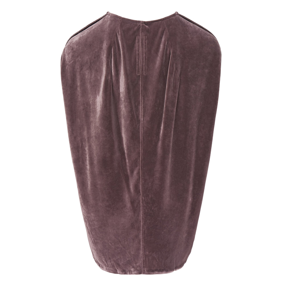 Rick Owens Floating Velvet Top in dusty mauve crushed velvet, featuring a V-neckline, cutout shoulder openings, centre-front seam, and a fluid oversized silhouette with a curved hem