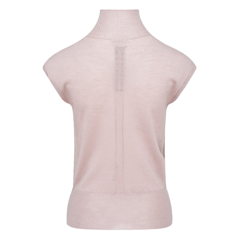 Rick Owens sleeveless turtleneck knit top in dusty rose, featuring a ribbed high neck, extended cap shoulder seams, and a ribbed hem band, shown flat on a white background