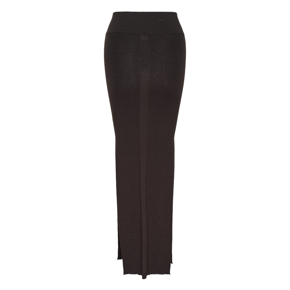 Rick Owens dark brown ribbed knit maxi skirt with wide fold-over waistband and lettuce-edge hem, shown flat on a white background
