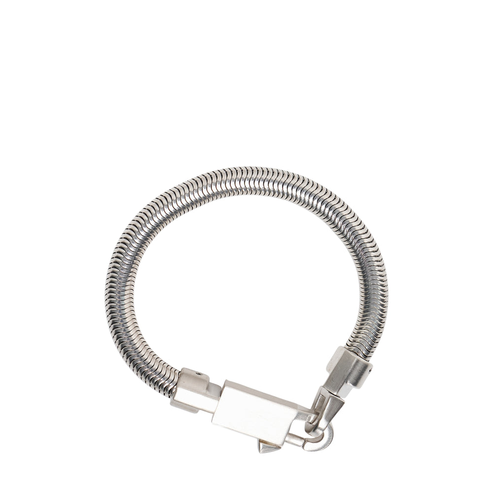 Rick Owens Palladium Tone Snake Bracelet with coiled snake-link chain and sculptural carabiner-style barrel clasp, photographed on a white background - view 2