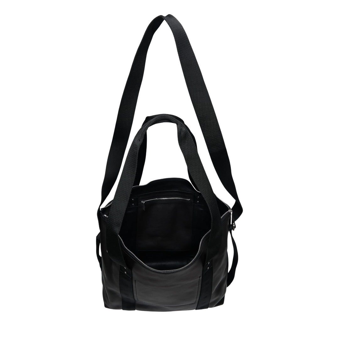 Rick Owens Grainy Cow Leather Tote in black, shown front-facing with dual grosgrain shoulder straps, zip closure, front flat pocket, and a detachable crossbody strap