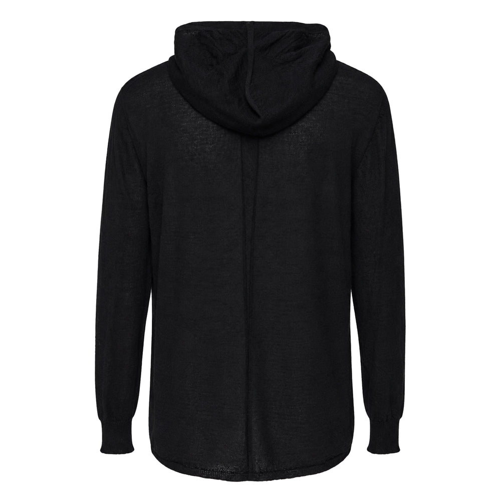Rick Owens Lightweight Oversize Hoodie in black, rear view, showing draped hood, dropped shoulders, and ribbed cuffs