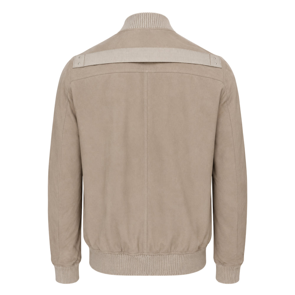 Rick Owens Angled Bauhaus Flight Jacket in taupe suede leather with ribbed knit trim, diagonal zip pockets, and silver hardware, displayed flat on a white background