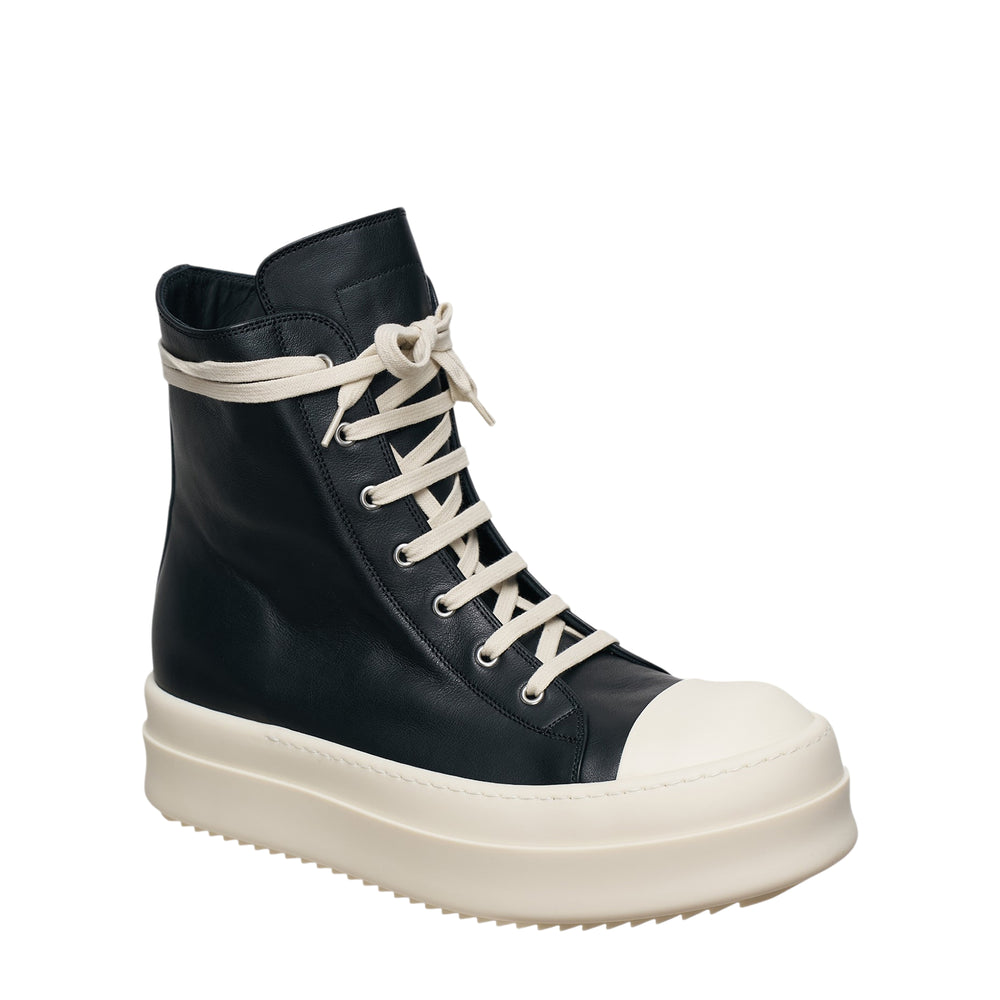 Rick Owens Mega Bumper High-Top Sneaker in black full-grain leather with oversized off-white platform sole, contrast toe cap, and cream wrap laces