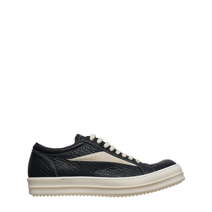 Rick Owens Vintage Suede Low Sneakers in light grey with cream leather bolt detail and ridged rubber sole, side profile view