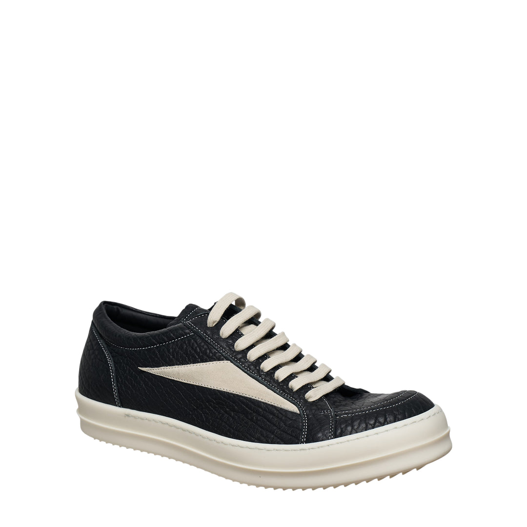 Rick Owens Vintage Suede Low Sneakers in light grey with cream leather bolt detail and ridged rubber sole, side profile view