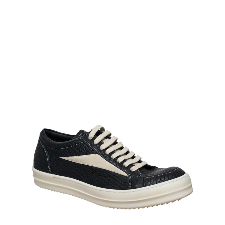 Rick Owens Vintage Suede Low Sneakers in light grey with cream leather bolt detail and ridged rubber sole, side profile view