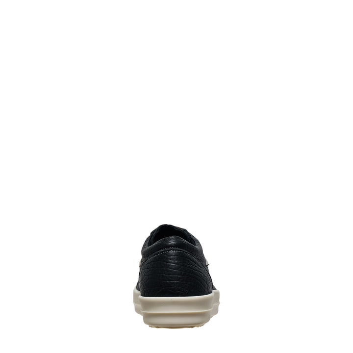 Rick Owens Vintage Suede Low Sneakers in light grey with cream leather bolt detail and ridged rubber sole, side profile view