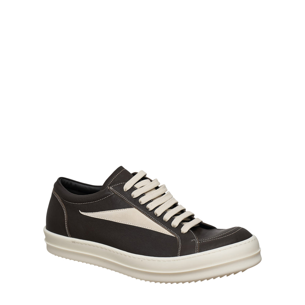Rick Owens Vintage Suede Low Sneakers in light grey with cream leather bolt detail and ridged rubber sole, side profile view