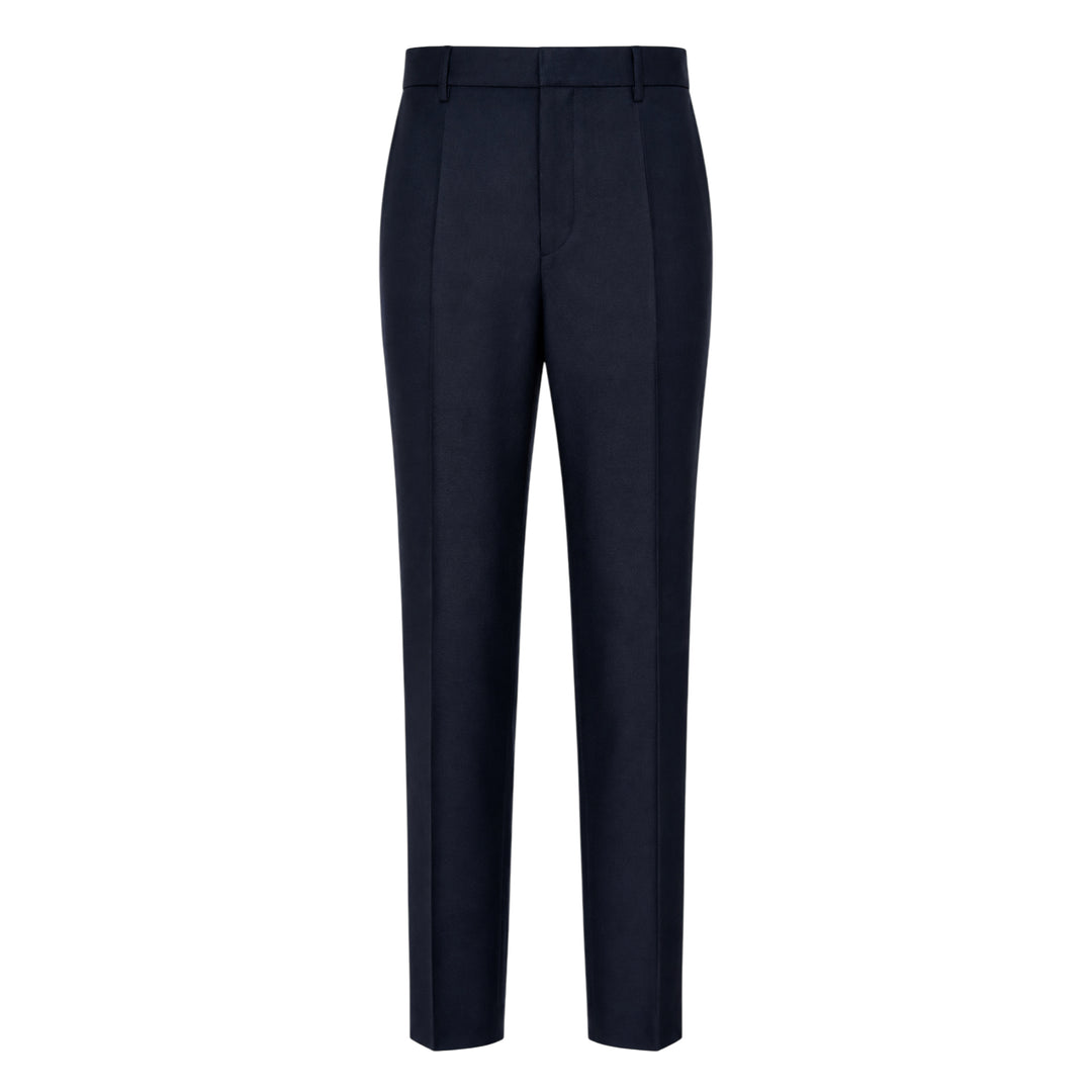 Jil Sander light brushed wool trousers in navy, featuring a high-rise waistband, pressed front creases, and a tapered straight-leg silhouette