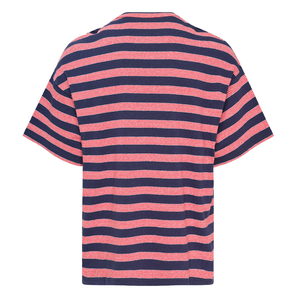 Jil Sander bicolor stripe short sleeve T-shirt in navy and coral with embroidered JS monogram logo, oversized fit, crew neck - view 2