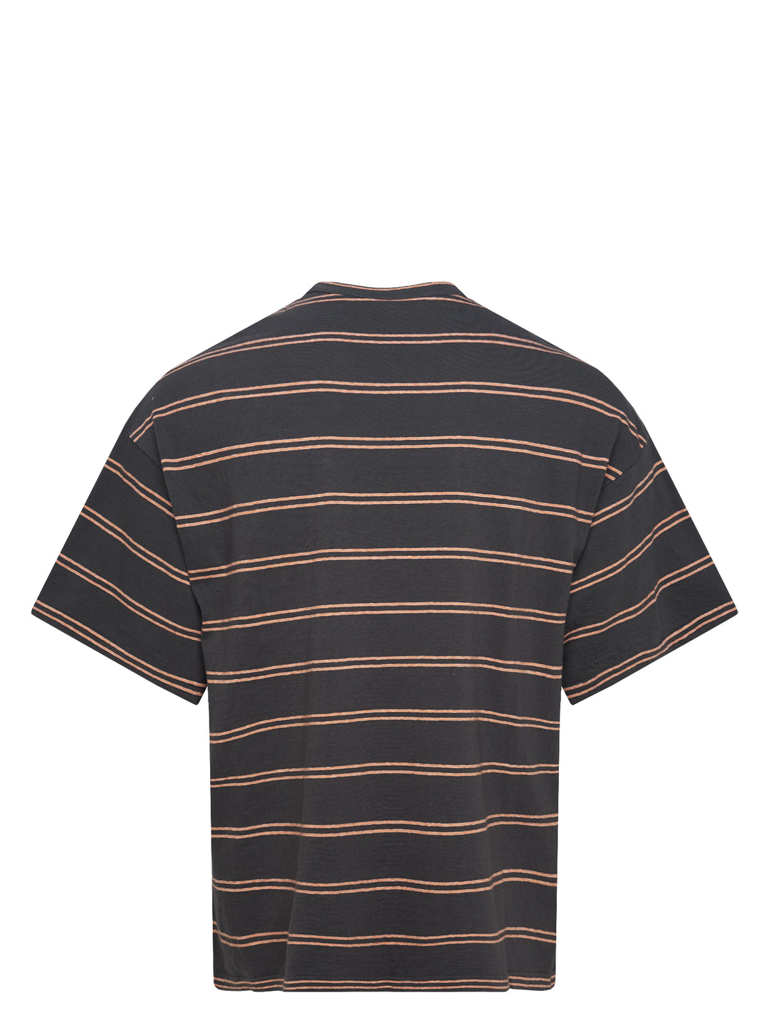 Jil Sander charcoal short sleeve t-shirt with terracotta horizontal pinstripes and tonal embroidered monogram at chest, crew neckline, oversized fit, on white background - view 2