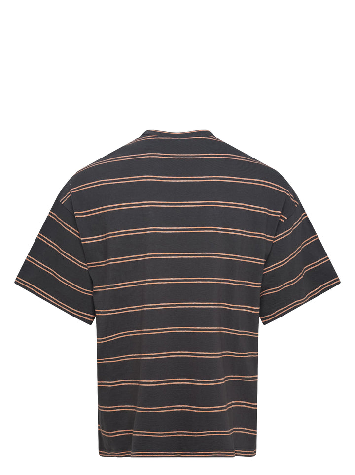 Jil Sander charcoal short sleeve t-shirt with terracotta horizontal pinstripes and tonal embroidered monogram at chest, crew neckline, oversized fit, on white background - view 2