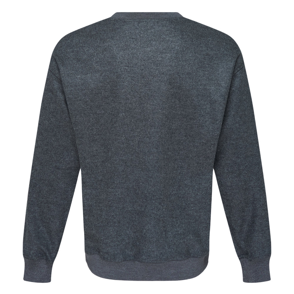 Jil Sander dark grey wool melton crewneck sweatshirt with ribbed collar, cuffs, and hem, displayed flat on a white background