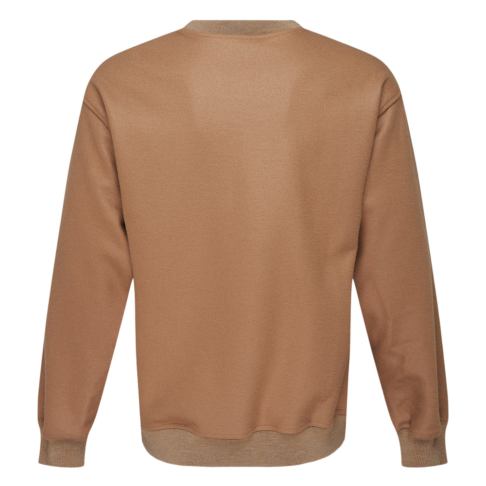 Jil Sander dark grey wool melton crewneck sweatshirt with ribbed collar, cuffs, and hem, displayed flat on a white background
