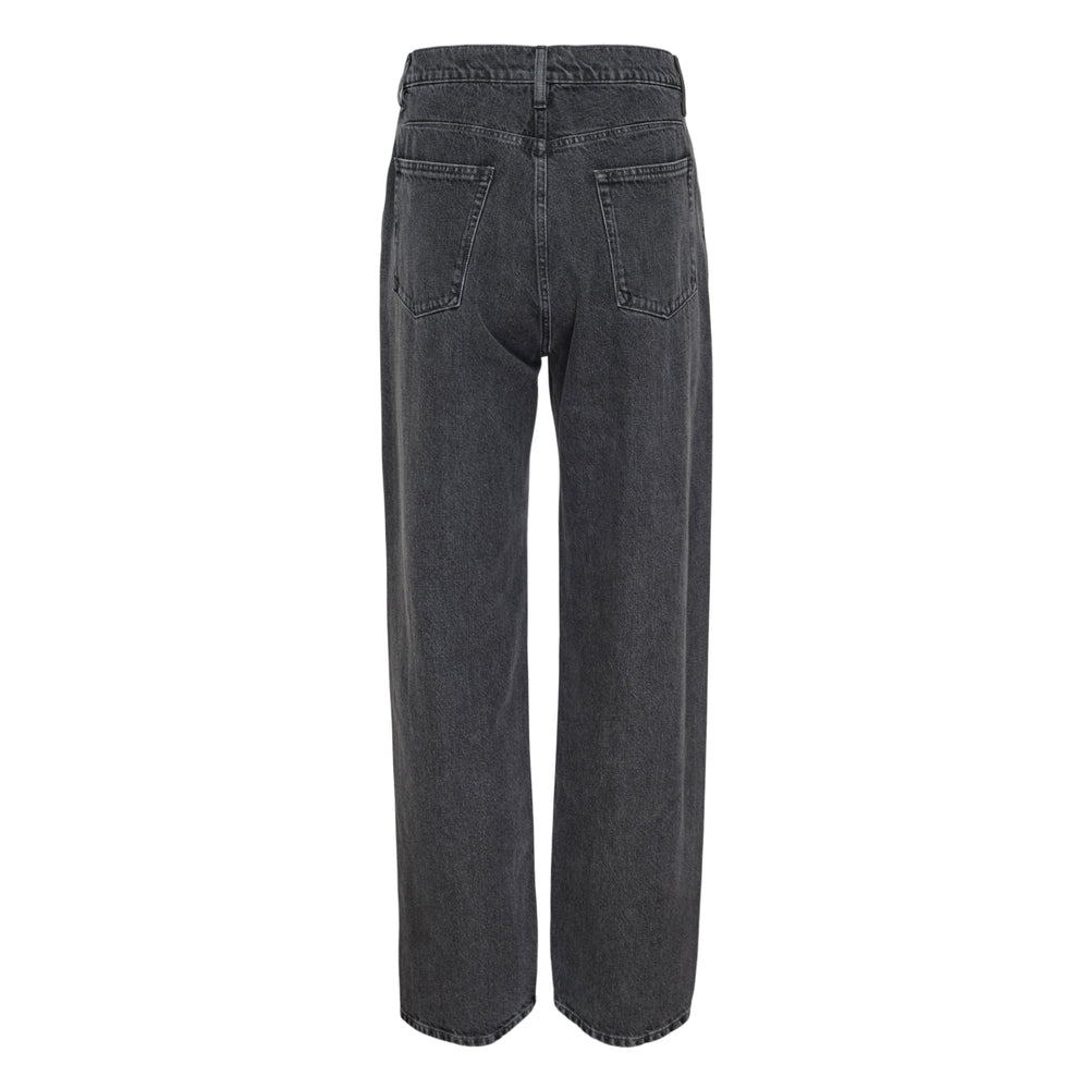 Jil Sander Treated Denim Trousers in washed dark grey, featuring a high-rise waist, relaxed straight-leg cut, and five-pocket construction