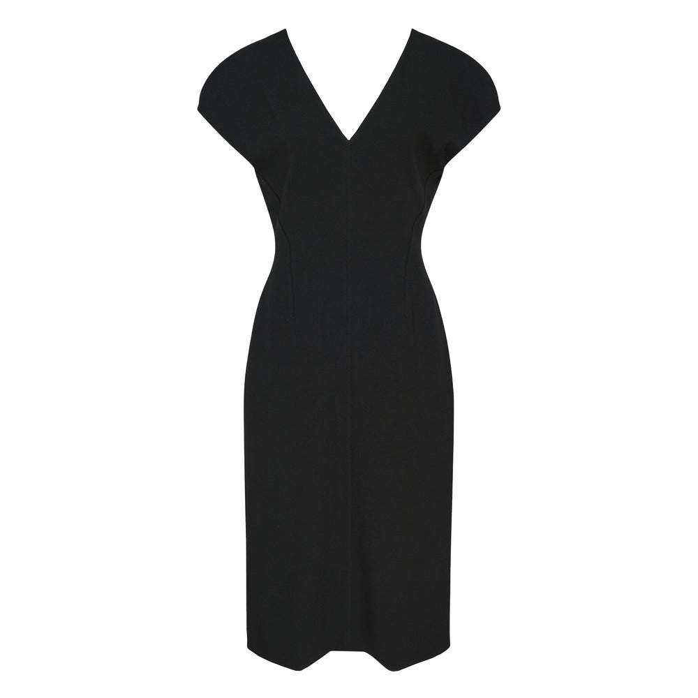 Jil Sander fluid wool sheath dress in sable black, featuring a deep V-neckline, structured cap sleeves, and a front exposed zip, displayed on a flat lay against a white background - view 2