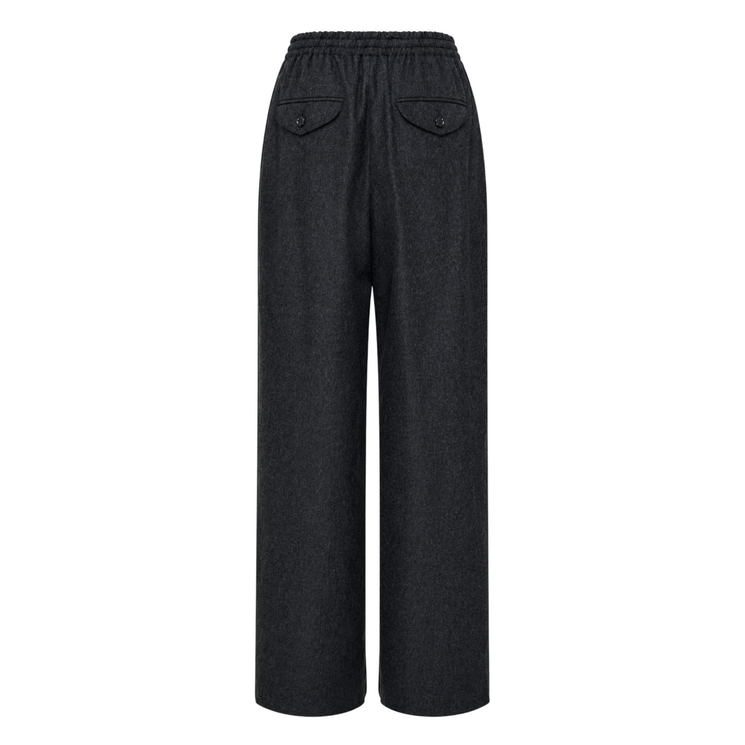 Jil Sander Light Merino wide-leg trousers in dark charcoal with elasticated waistband and clean straight-leg silhouette, front view