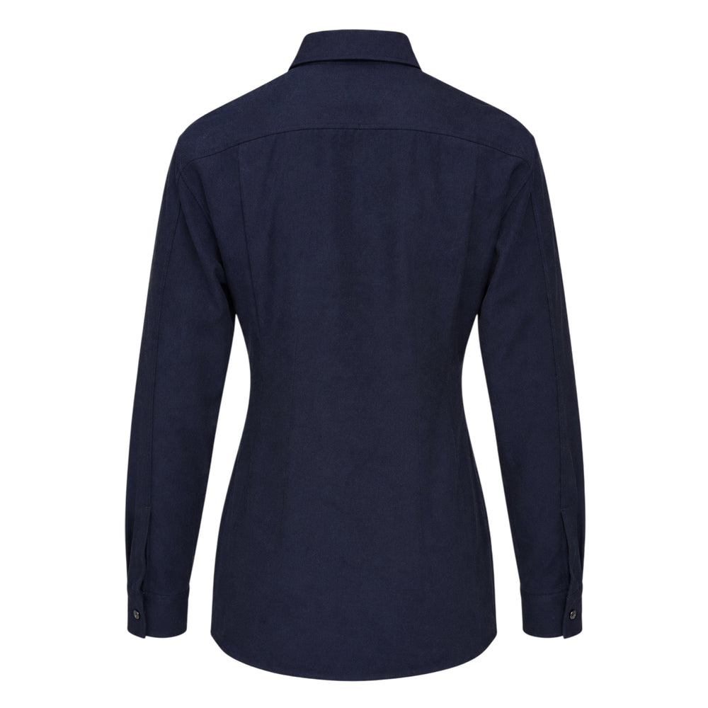 Jil Sander navy boiled wool gabardine long sleeve shirt with spread collar, tonal dark buttons, and slim tailored silhouette, front view on white background - view 2