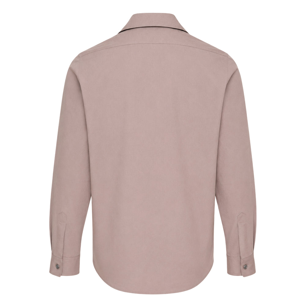 Jil Sander crispy washed cotton long sleeve shirt in muted mauve with an open camp collar and dark tonal button fastening, displayed on a flat lay against a white background - view 2