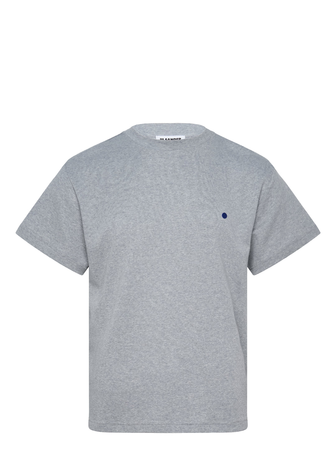 Jil Sander heather grey cotton-cashmere short sleeve crew neck t-shirt with a small navy dot embroidery on the chest and a woven brand label at the back neck
