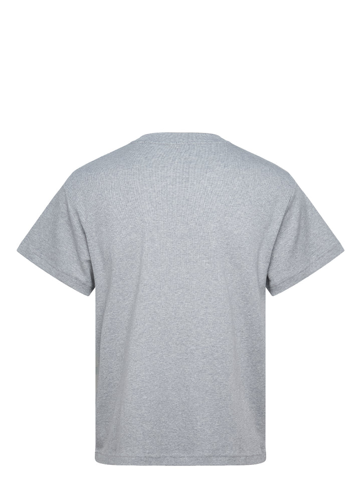 Jil Sander heather grey cotton-cashmere short sleeve crew neck t-shirt with a small navy dot embroidery on the chest and a woven brand label at the back neck - view 2