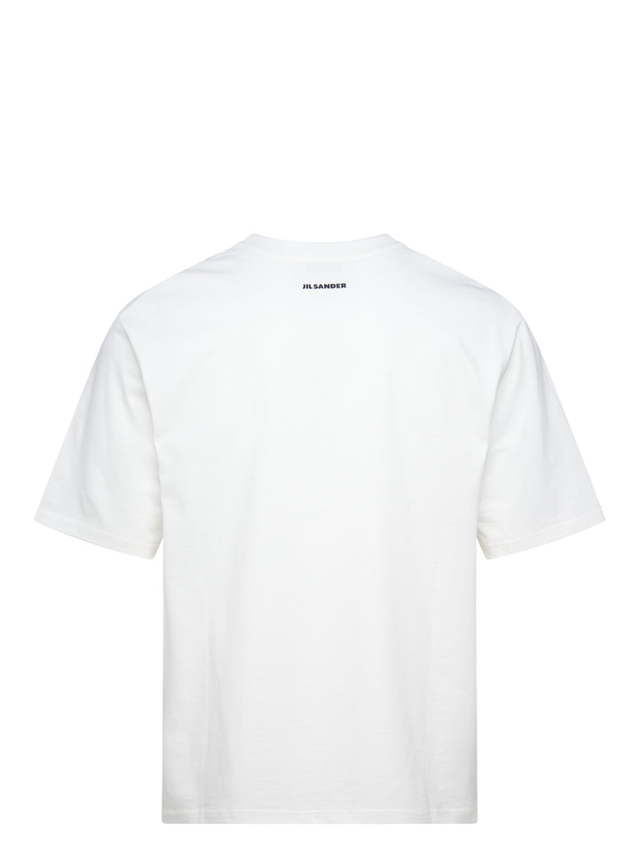 Jil Sander white oversized short sleeve crew neck T-shirt with a painterly still-life print featuring lemons on a terracotta, pink, and blue painted background - view 2