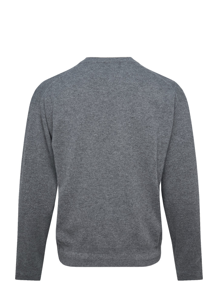 Jil Sander long sleeve V-neck jumper in heather grey fine-gauge knit, front view on white background - view 2