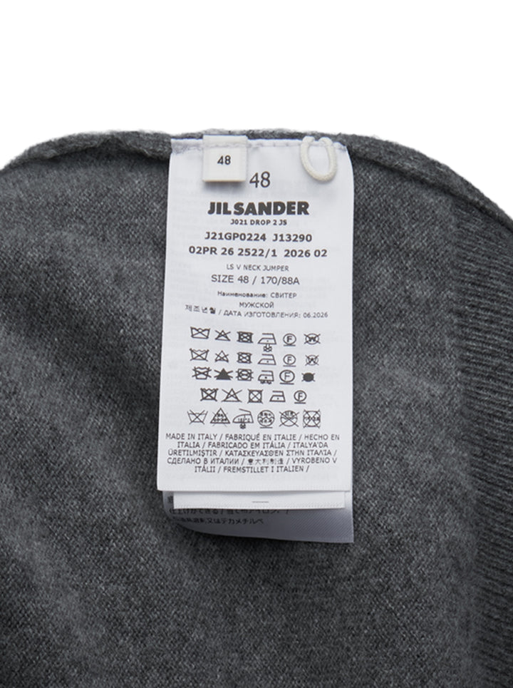 Jil Sander long sleeve V-neck jumper in heather grey fine-gauge knit, front view on white background - view 3