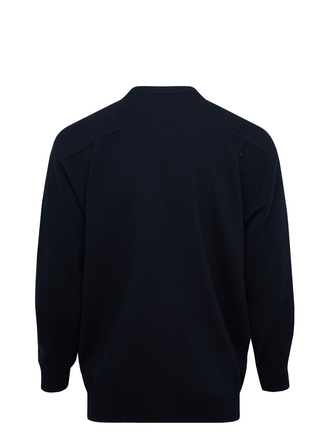 Jil Sander navy long sleeve structured knit jumper with tonal panelling and ribbed crewneck, cuffs, and hem, displayed flat on white background - view 2