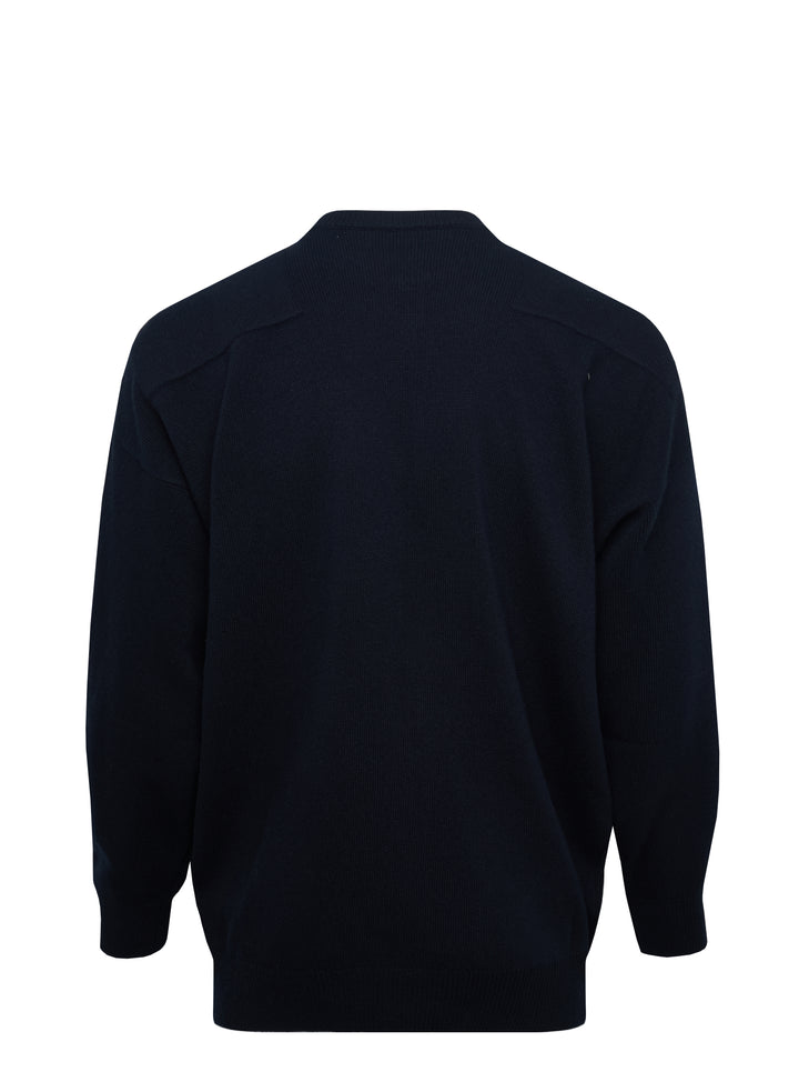 Jil Sander navy long sleeve structured knit jumper with tonal panelling and ribbed crewneck, cuffs, and hem, displayed flat on white background - view 2