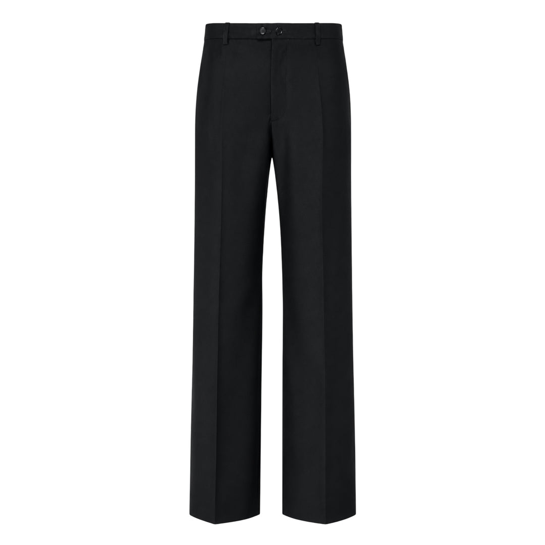 Jil Sander black wool mohair wide-leg trousers with front crease and adjustable back waistband buckle, flat-front view