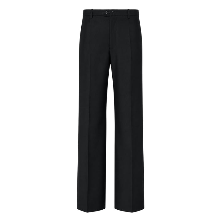 Jil Sander black wool mohair wide-leg trousers with front crease and adjustable back waistband buckle, flat-front view