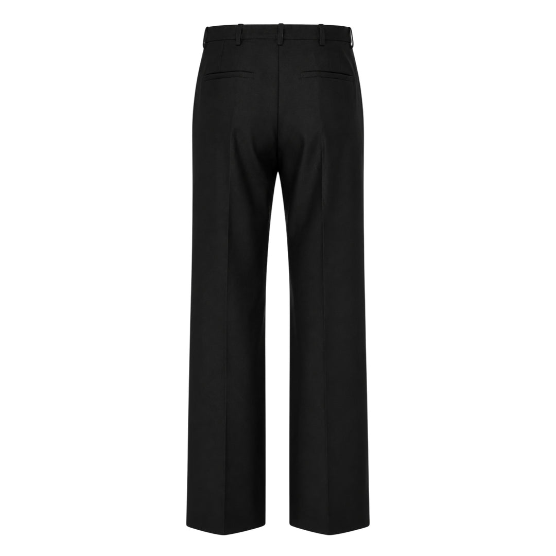 Jil Sander black wool mohair wide-leg trousers with front crease and adjustable back waistband buckle, flat-front view