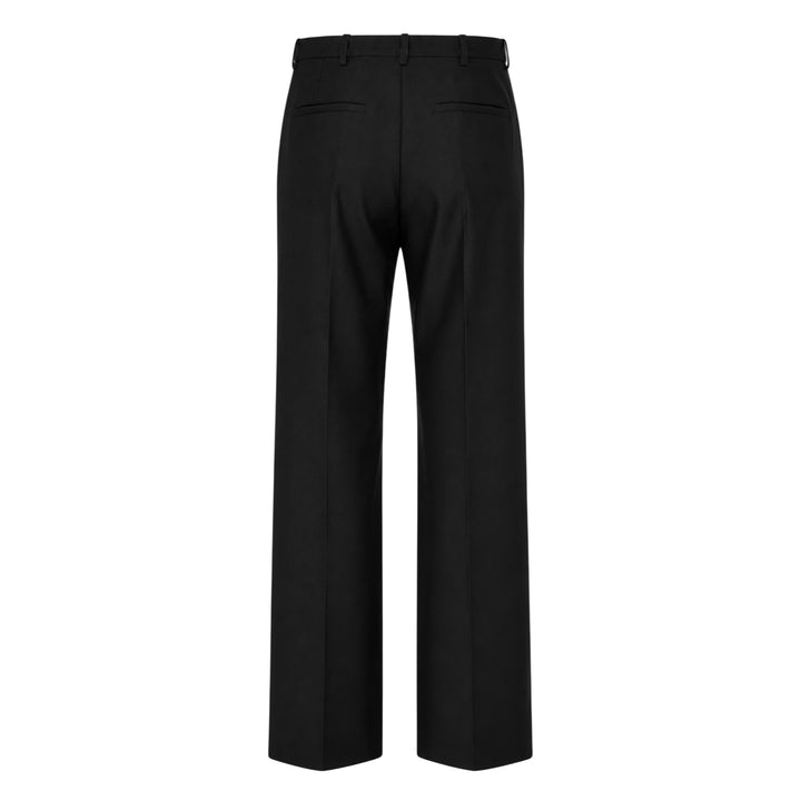 Jil Sander black wool mohair wide-leg trousers with front crease and adjustable back waistband buckle, flat-front view