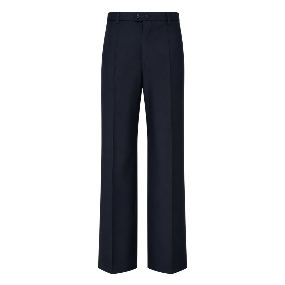 Jil Sander black wool mohair wide-leg trousers with front crease and adjustable back waistband buckle, flat-front view