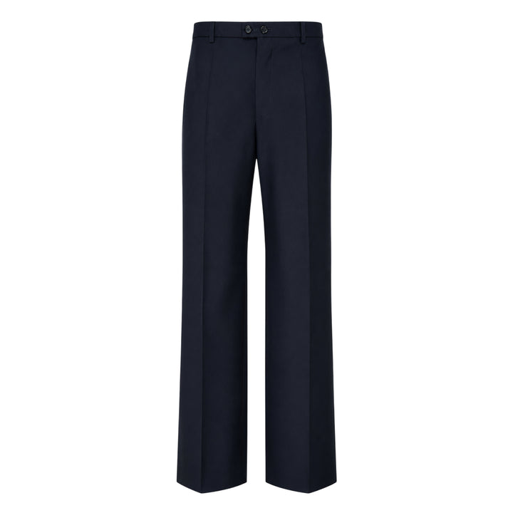 Jil Sander black wool mohair wide-leg trousers with front crease and adjustable back waistband buckle, flat-front view