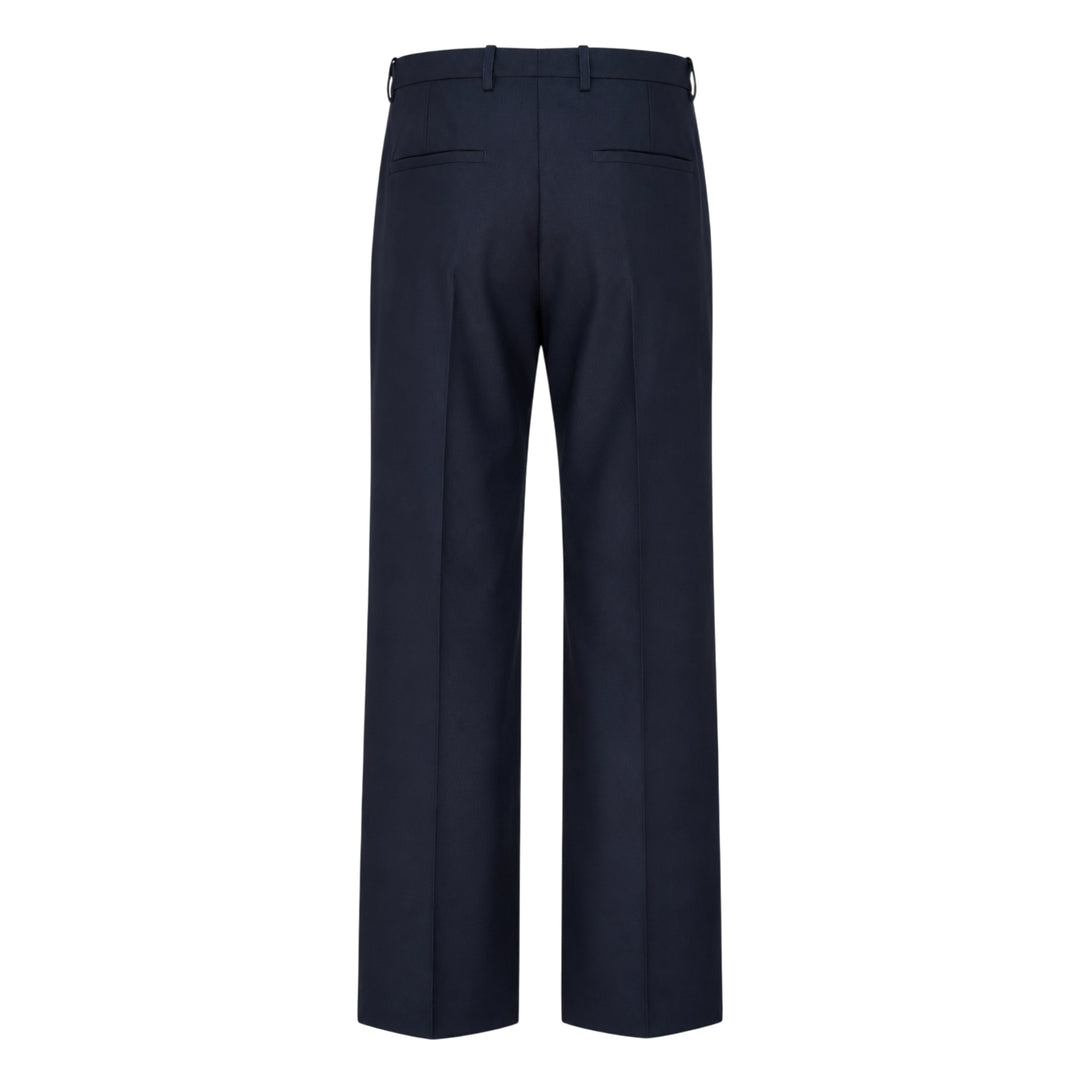 Jil Sander black wool mohair wide-leg trousers with front crease and adjustable back waistband buckle, flat-front view