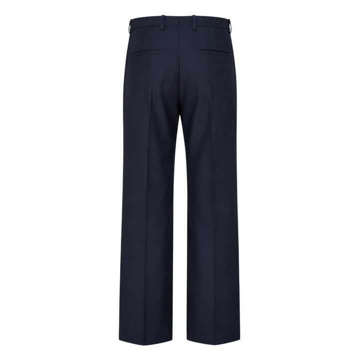 Jil Sander black wool mohair wide-leg trousers with front crease and adjustable back waistband buckle, flat-front view
