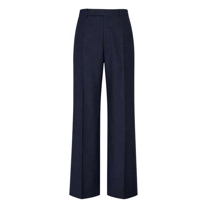 Jil Sander navy fil-a-fil wool wide-leg trousers with high-rise waist, single forward pleat, and sharp pressed front crease, displayed flat on a white background