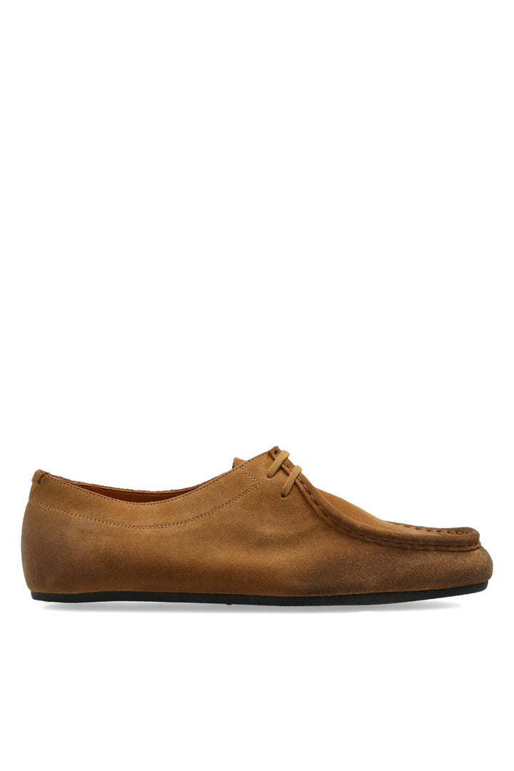 Jil Sander Hood lace-up shoes in tan calf suede with hand-stitched moccasin toe, shown in side profile