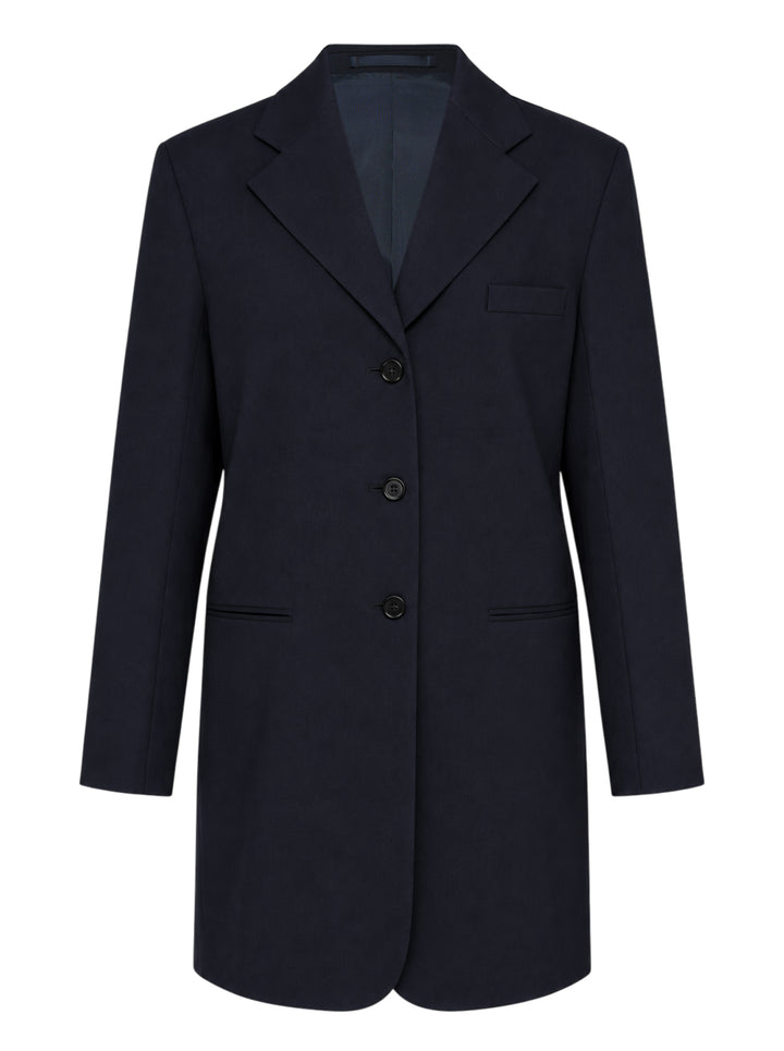 Jil Sander navy stretch wool longline single-breasted jacket with notched lapel and three-button front