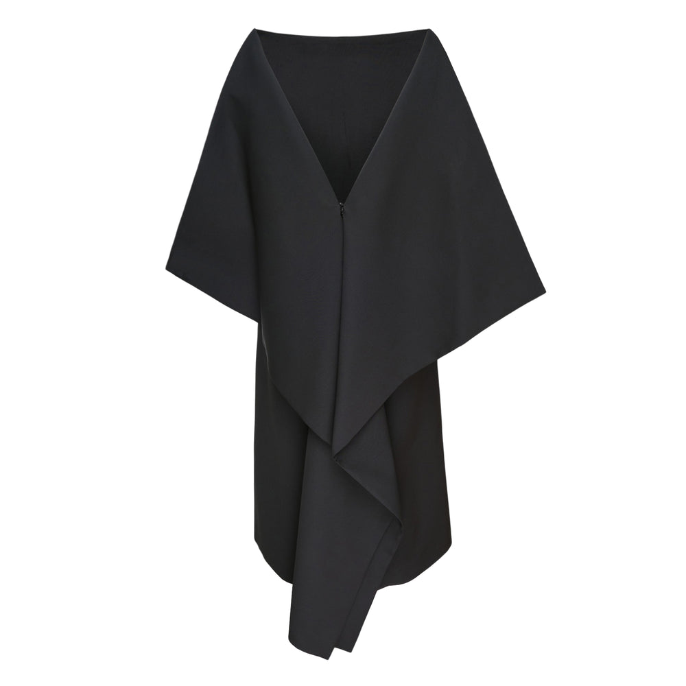 Jil Sander black lightweight wool dress with wide cape-like sleeves, boat neckline, and A-line midi silhouette, shown on a white background - view 2